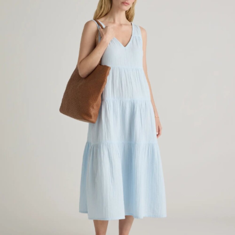 NWT Quince 100% Organic Cotton Gauze Tiered Maxi Dress Size XS Nantucket Blue